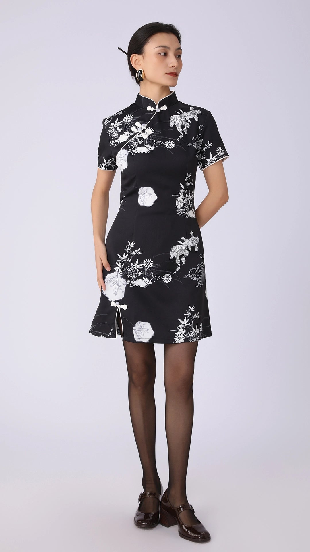 mini qipao dress A-line Goldish Pattern Black White 3XL 2025perm40 black Cheongsam J. Major's Bridal Boutique Size:Extra Small (0/2)